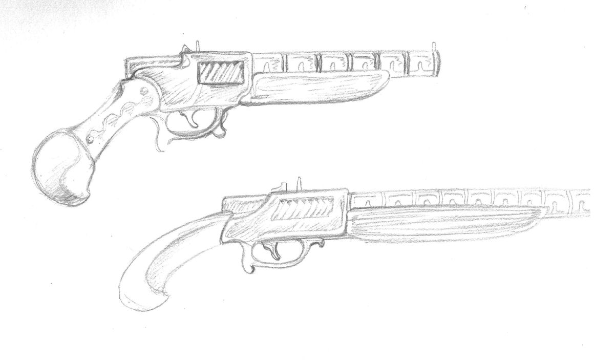 A drawing of Kal's pistol.  This pistols in Under the Nine Suns were modled off of 17th century German Matchlock pistols.