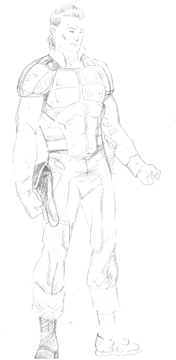 An early drawing of Kal, shown wearing his armor and pistol.
